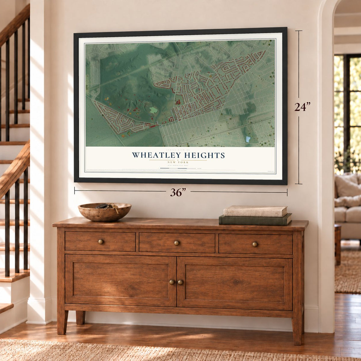 Wheatley Heights, New York map, 24 x 36 inch print in a black frame above a dresser by a staircase