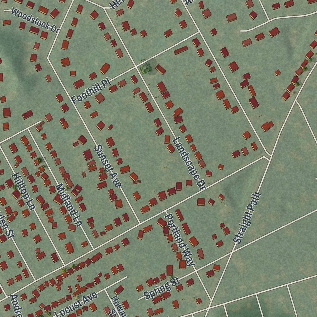 Close-up of the map of Wheatley Heights, New York print showing street and building detail