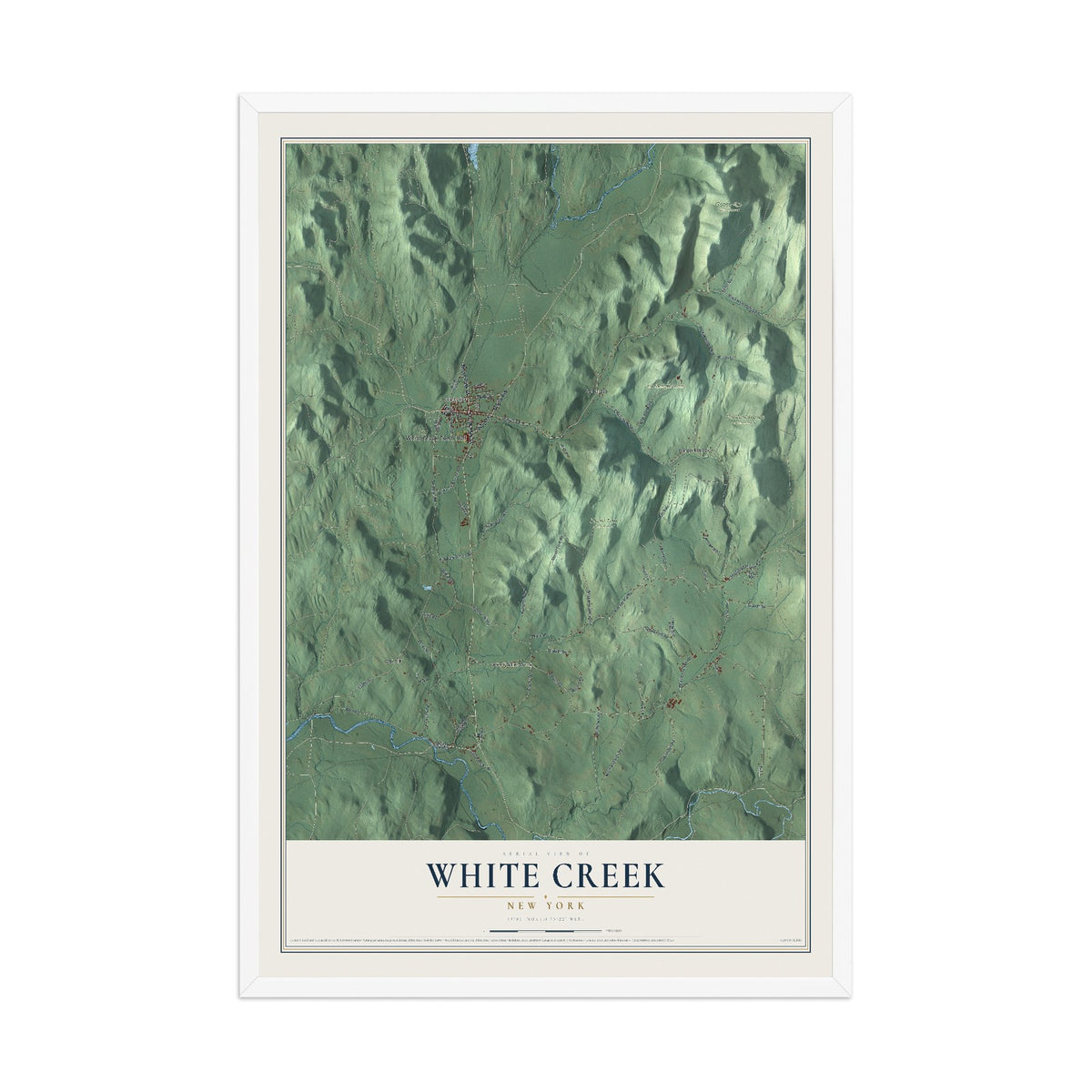 Map of White Creek, New York, 12 x 18 inch print in a white wood frame