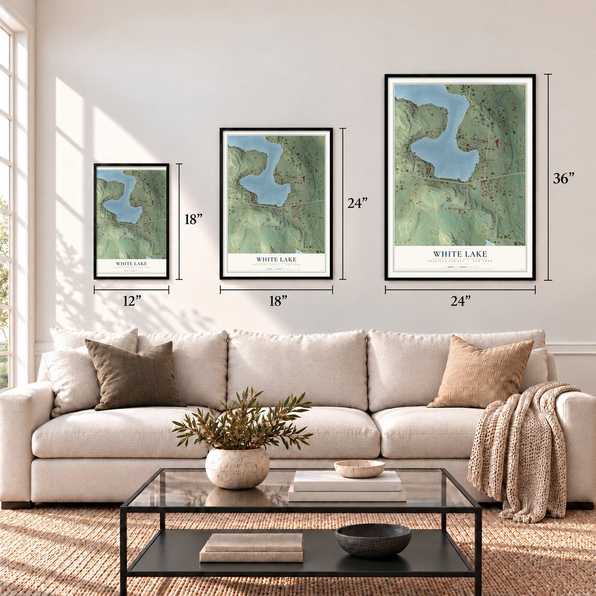 White Lake, New York map in 12 x 18, 18 x 24 and 24 x 36 inch sizes above a sofa