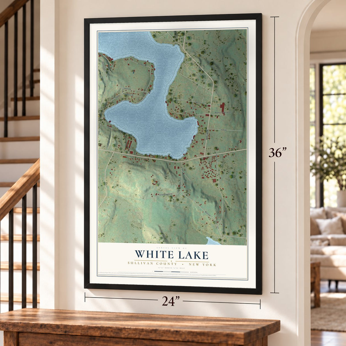 White Lake, New York map, 24 x 36 inch print in a black frame by a staircase