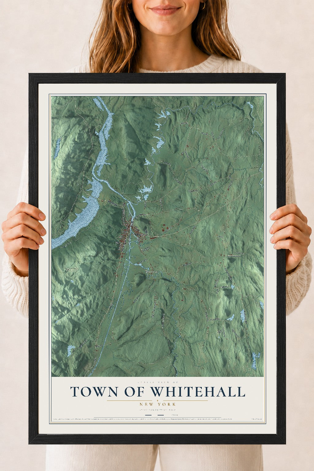 Whitehall, New York map print, 18" x 24" W/ Black Ayous Wood Frame mockup