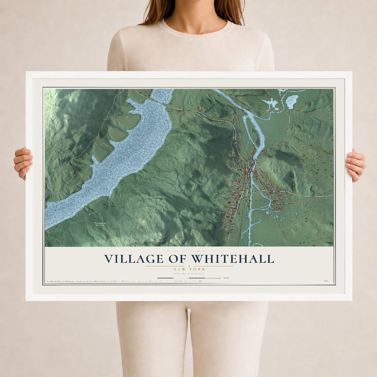 Whitehall, New York map print, 24" x 36" W/ White Ayous Wood Frame mockup