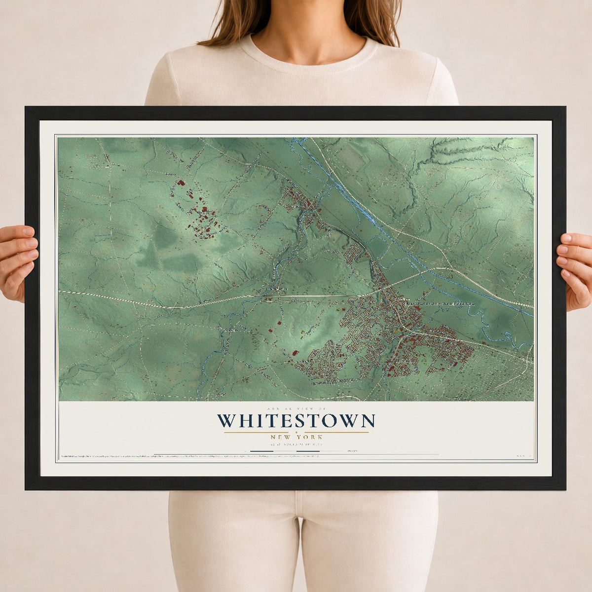 Whitestown, New York map print, 18" x 24" W/ Black Ayous Wood Frame mockup