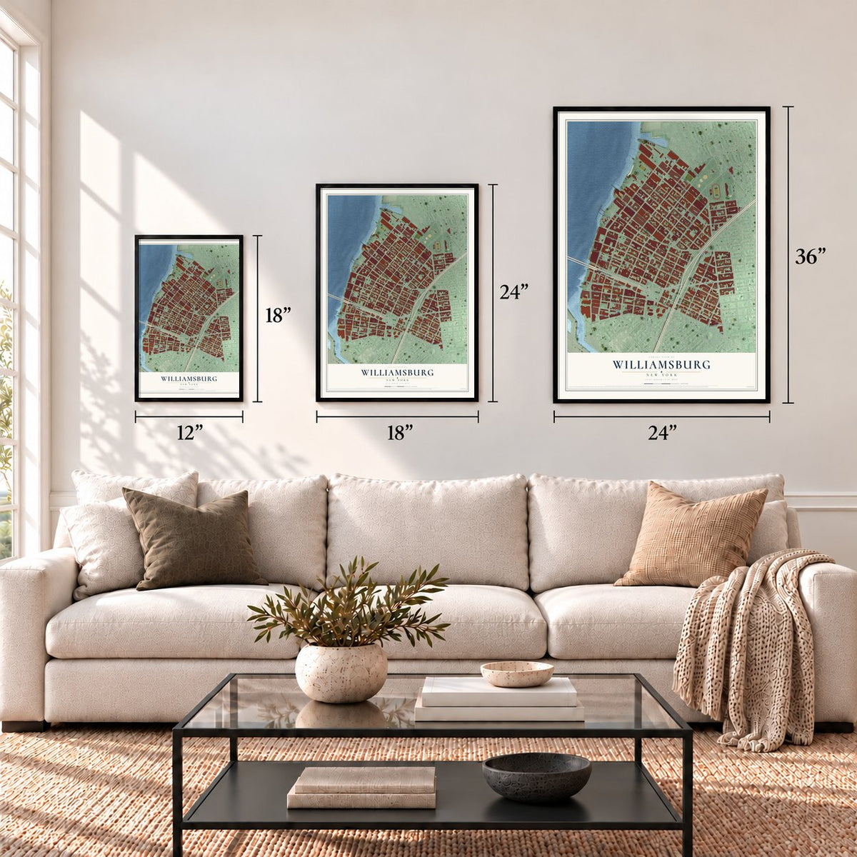 Williamsburg, New York map in 12 x 18, 18 x 24 and 24 x 36 inch sizes above a sofa