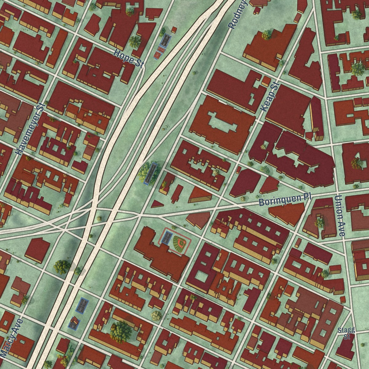Close-up of the map of Williamsburg, New York print showing street and building detail