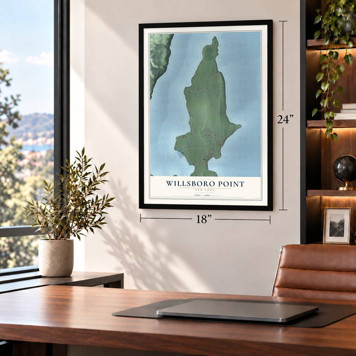 Willsboro Point, New York map, 18 x 24 inch print in a black frame in a home office