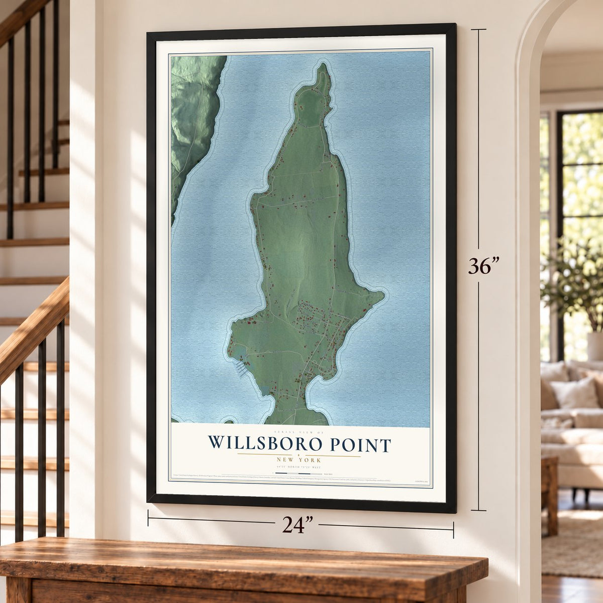 Willsboro Point, New York map, 24 x 36 inch print in a black frame by a staircase
