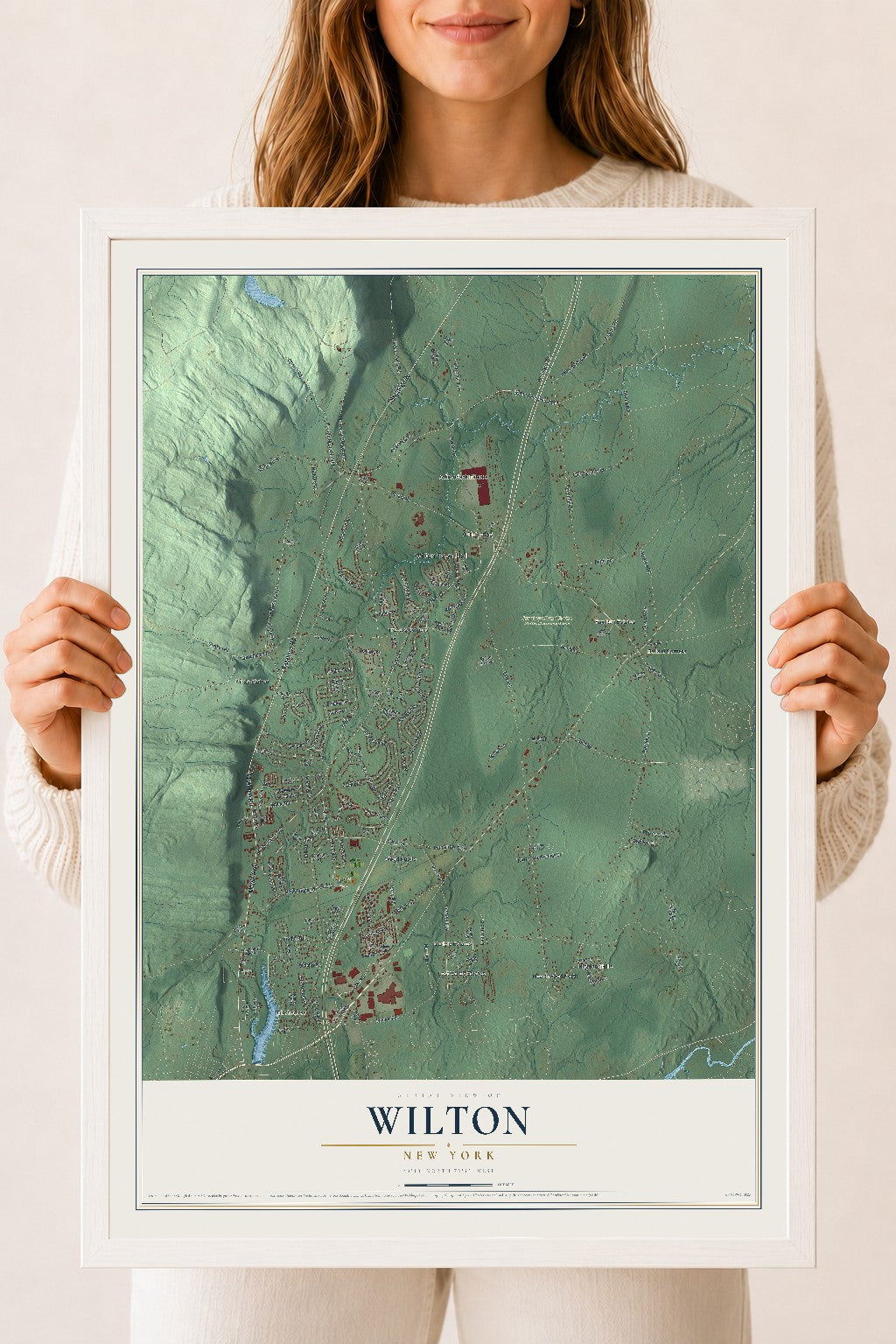 Wilton, New York map print, 18" x 24" W/ White Ayous Wood Frame mockup