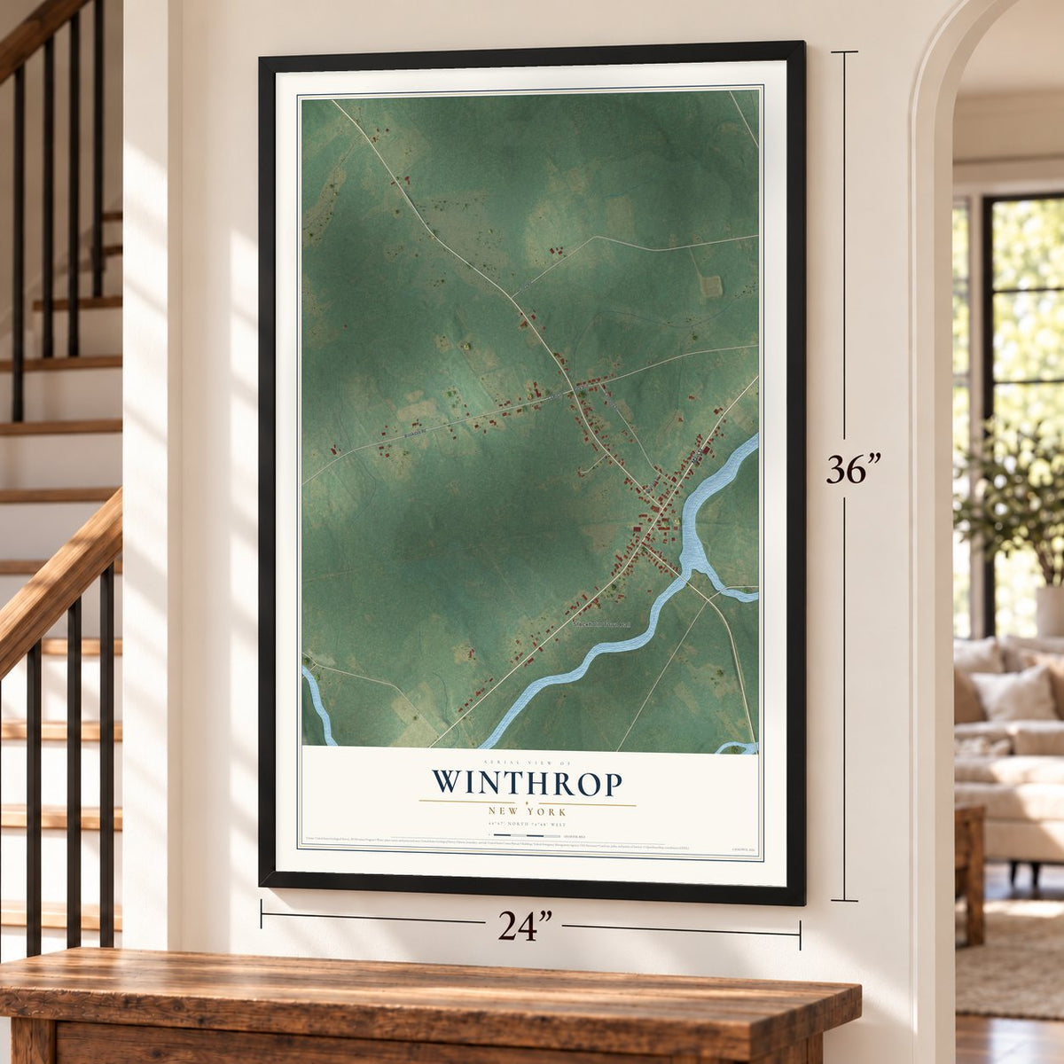 Winthrop, New York map, 24 x 36 inch print in a black frame by a staircase