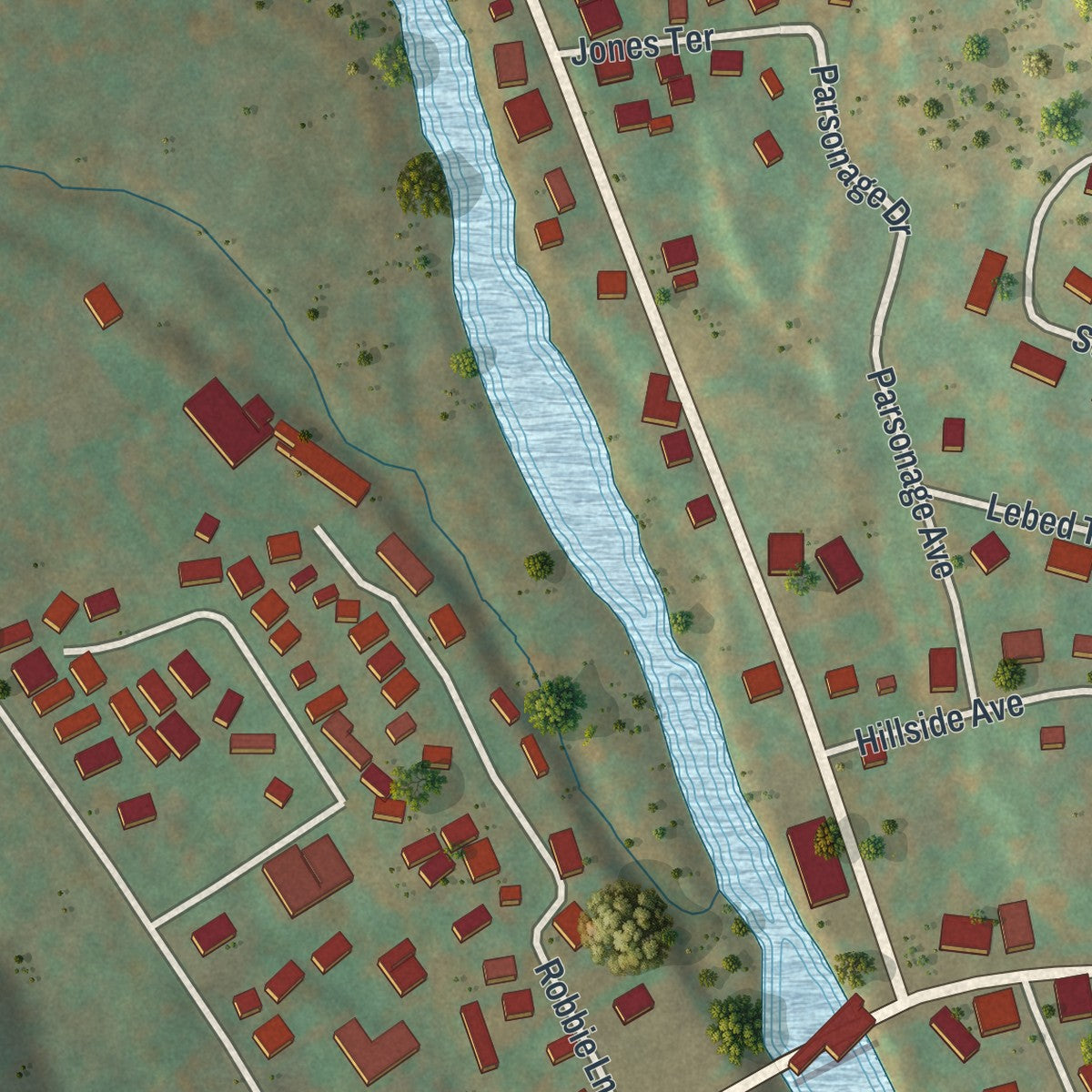 Close-up of the map of Woodbourne, New York print showing street and building detail