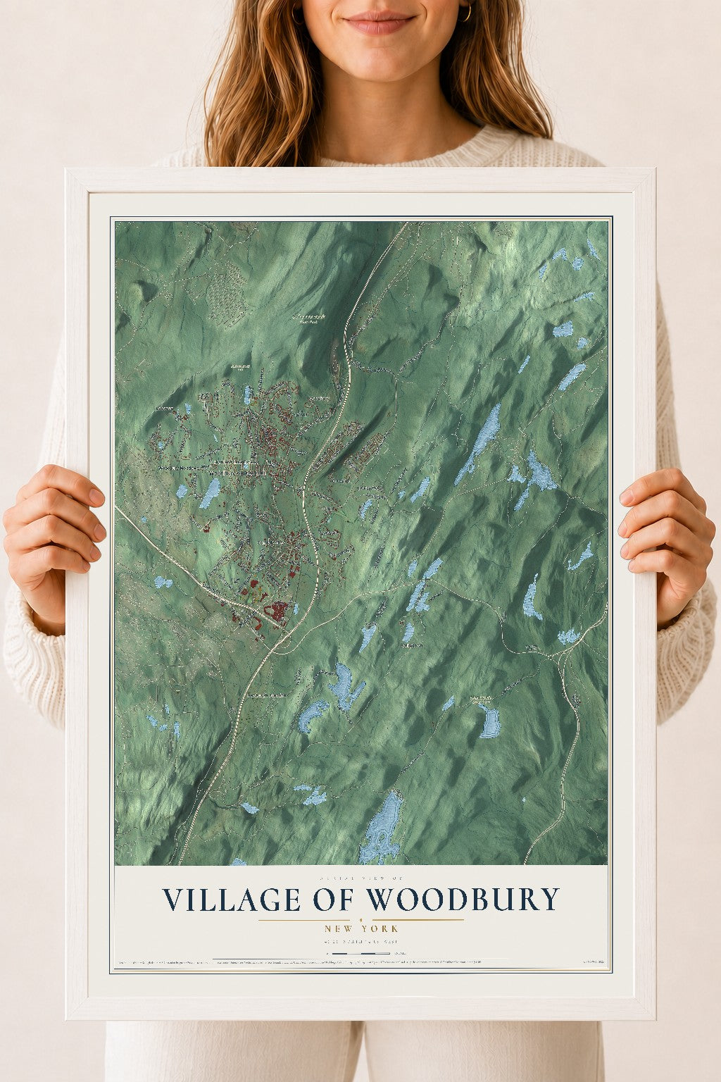 Woodbury, New York map print, 18" x 24" W/ White Ayous Wood Frame mockup