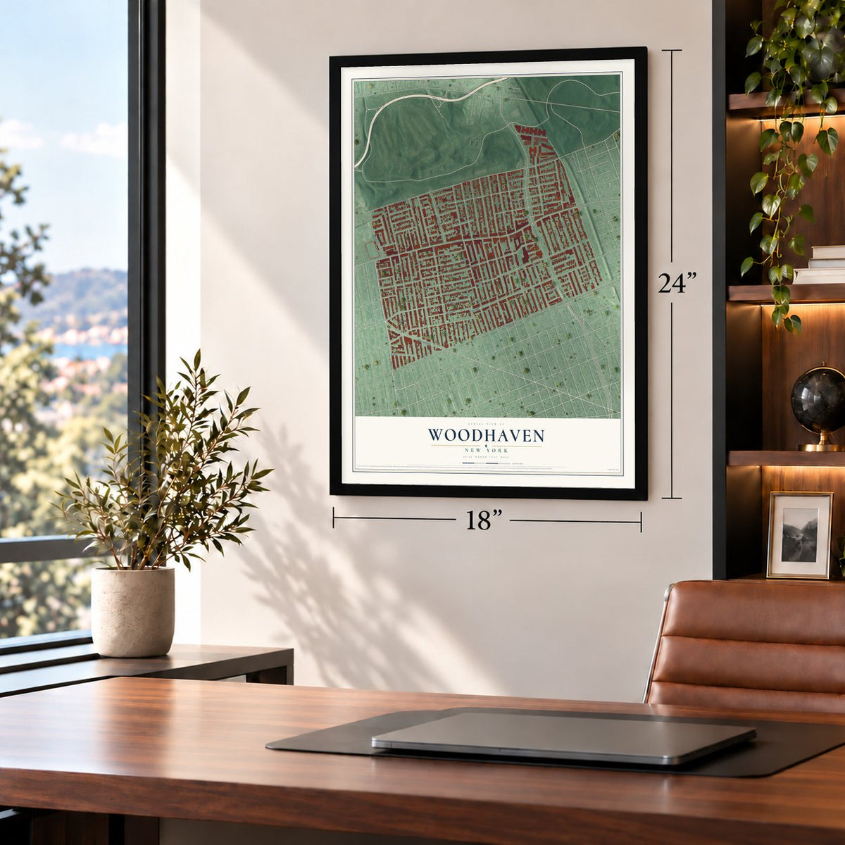 Woodhaven, New York map, 18 x 24 inch print in a black frame in a home office