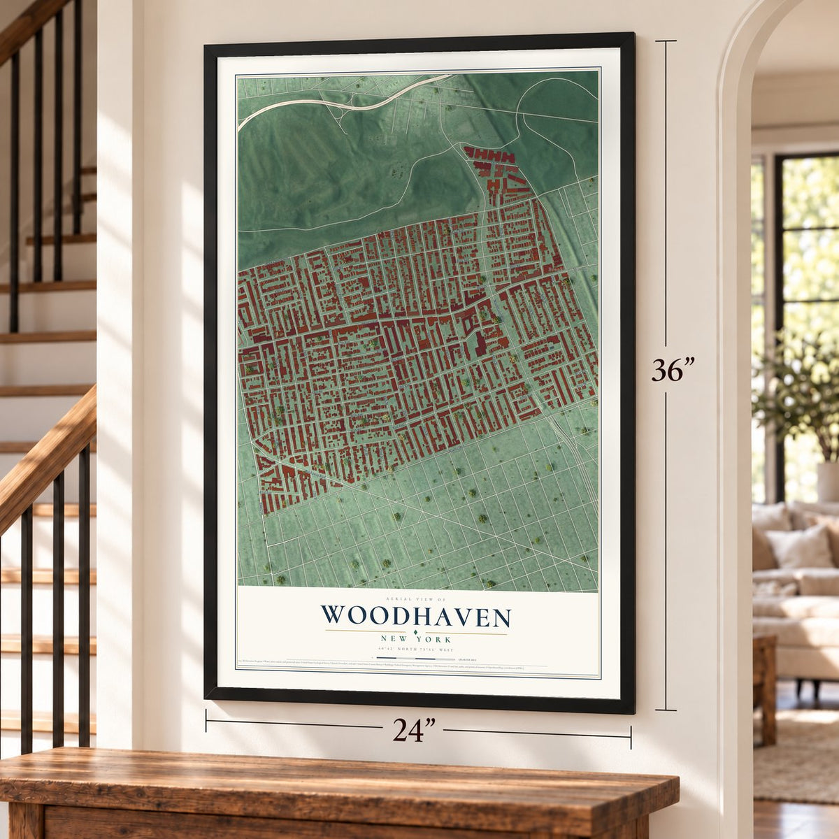 Woodhaven, New York map, 24 x 36 inch print in a black frame by a staircase