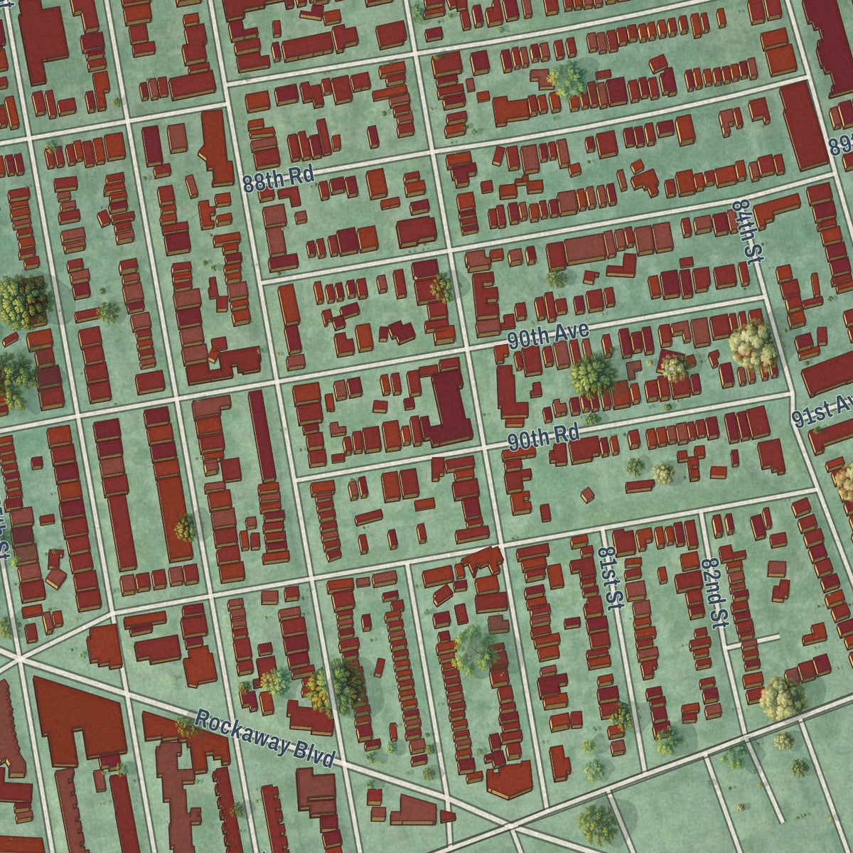 Close-up of the map of Woodhaven, New York print showing street and building detail