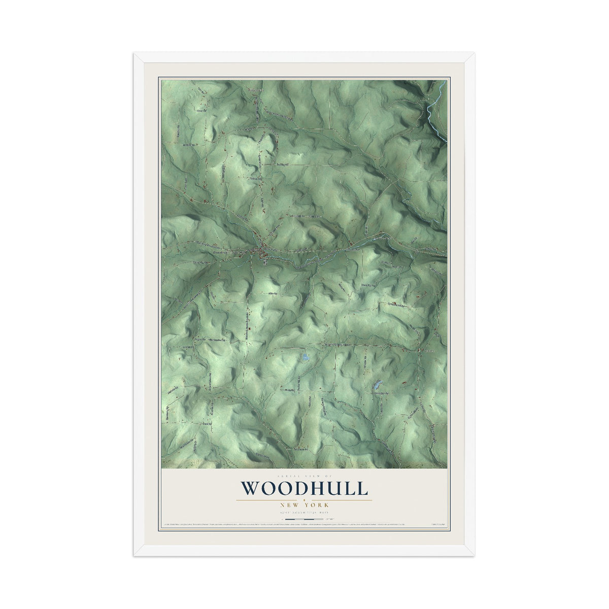 Woodhull, New York map print, 12" x 18" W/ White Ayous Wood Frame mockup