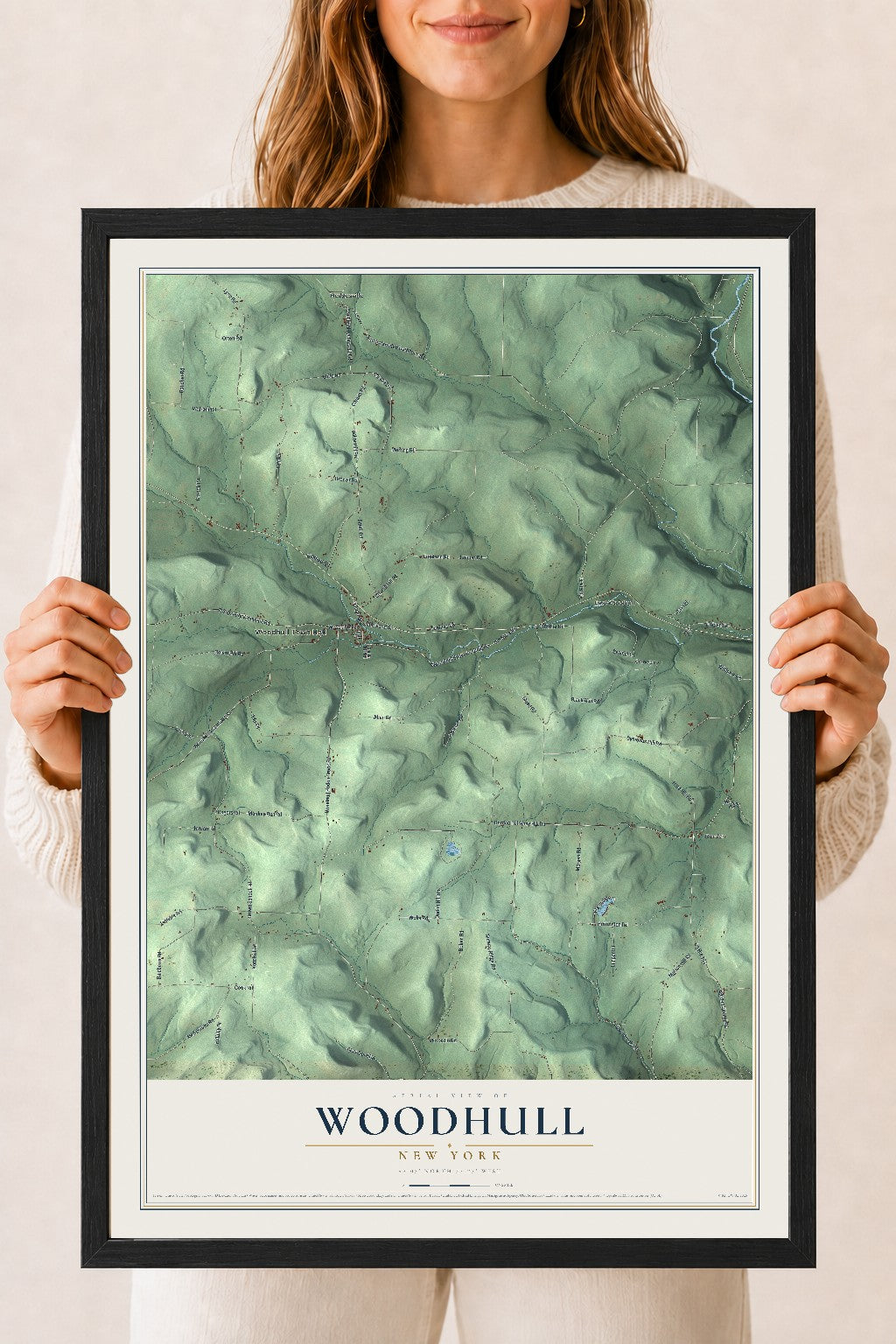 Woodhull, New York map print, 18" x 24" W/ Black Ayous Wood Frame mockup
