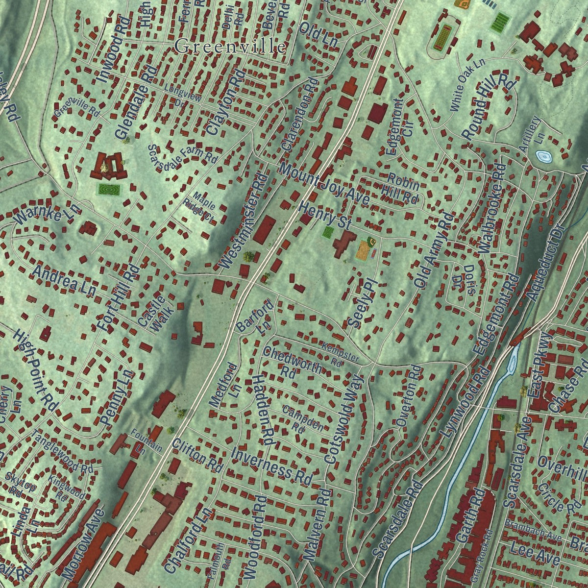Close-up of the map of Woodlands, New York print showing street and building detail