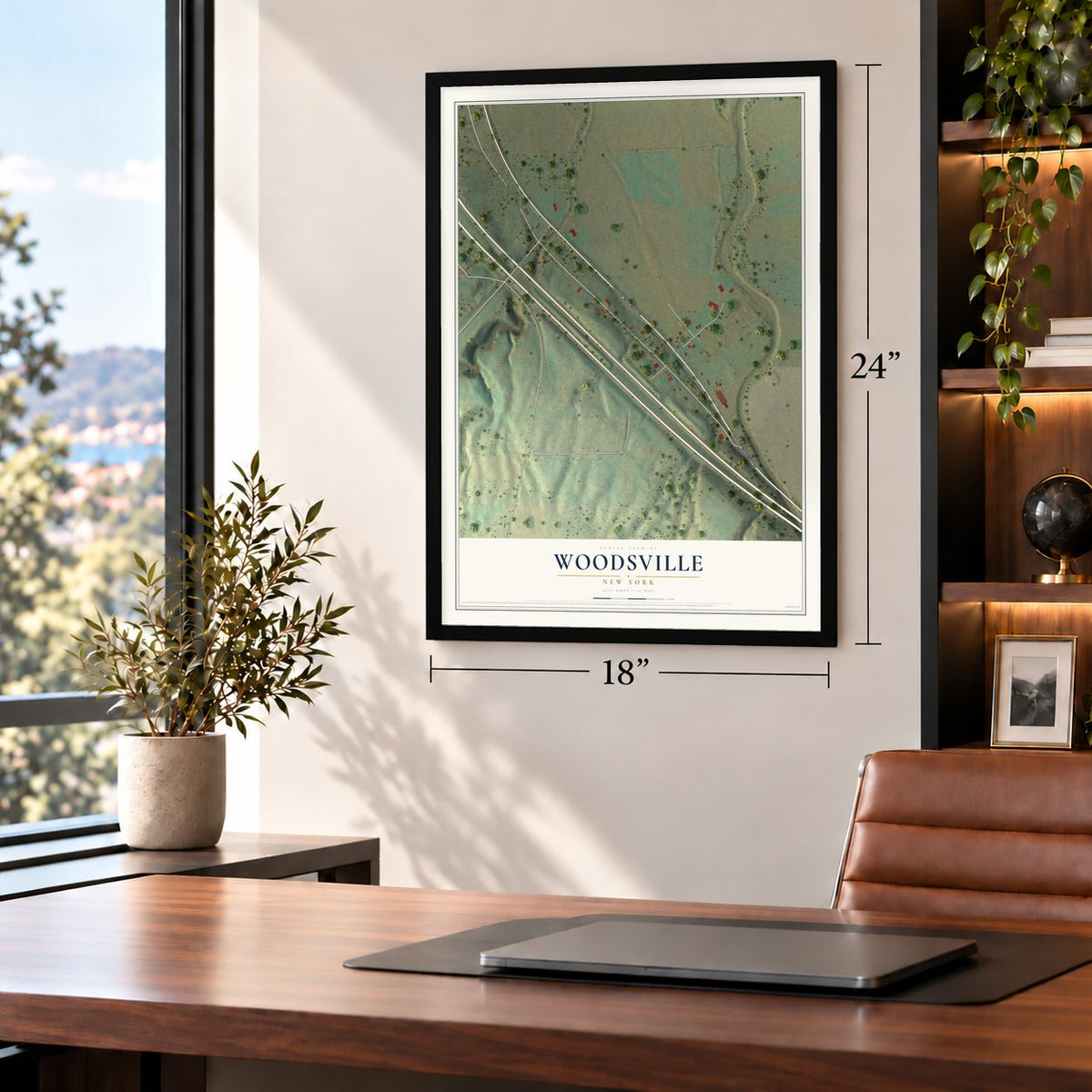 Woodsville, New York map, 18 x 24 inch print in a black frame in a home office