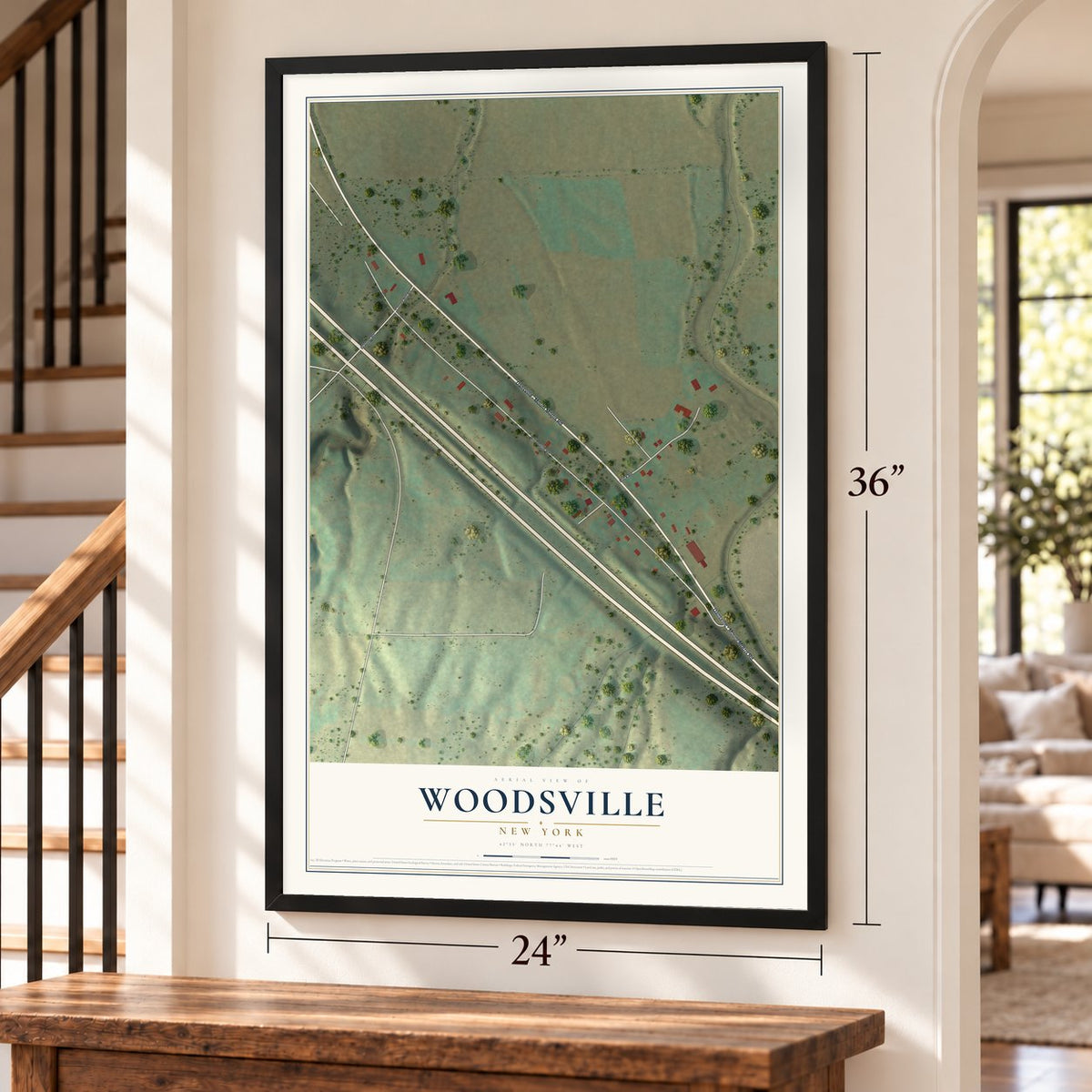 Woodsville, New York map, 24 x 36 inch print in a black frame by a staircase