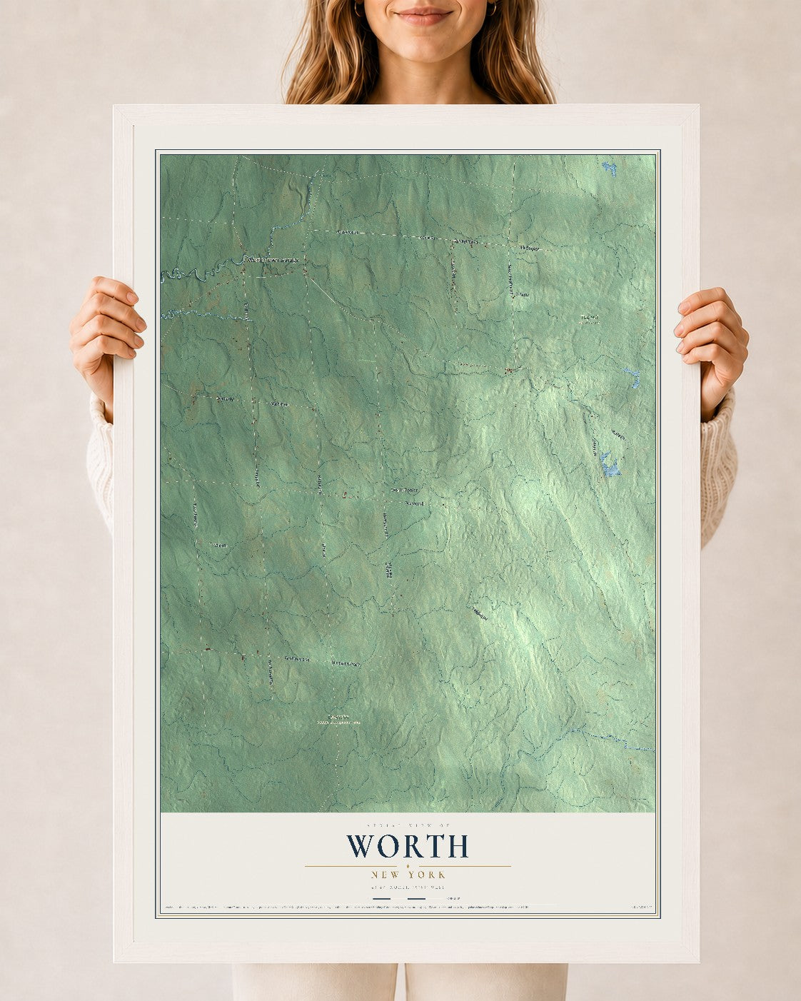 Worth, New York map print, 24" x 36" W/ White Ayous Wood Frame mockup