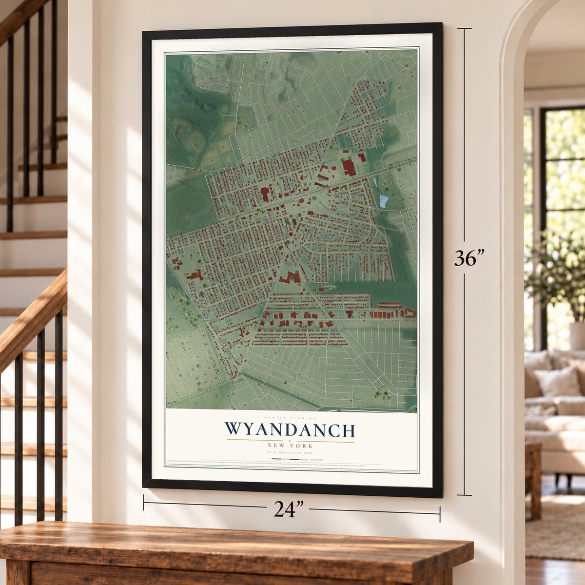 Wyandanch, New York map, 24 x 36 inch print in a black frame by a staircase