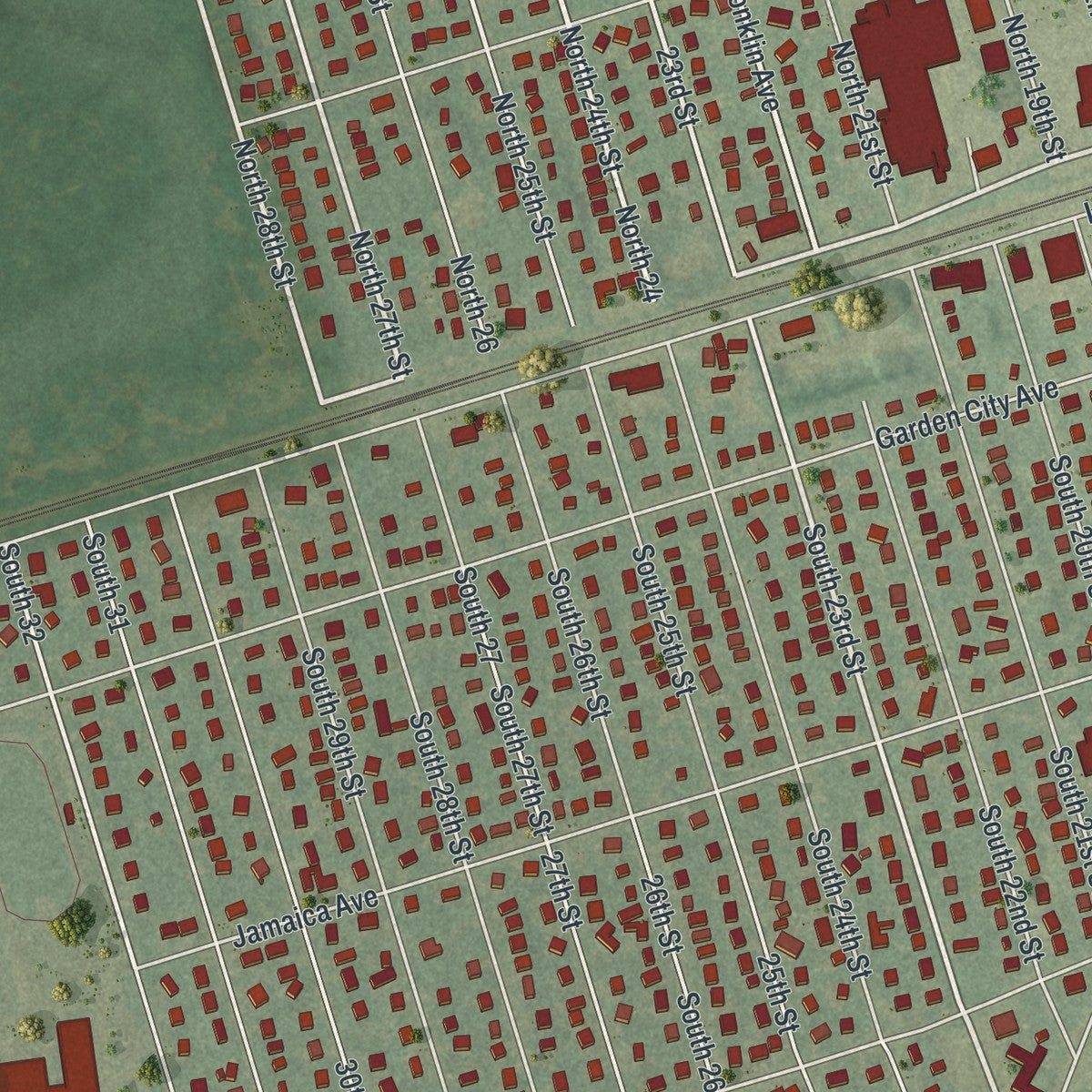 Close-up of the map of Wyandanch, New York print showing street and building detail