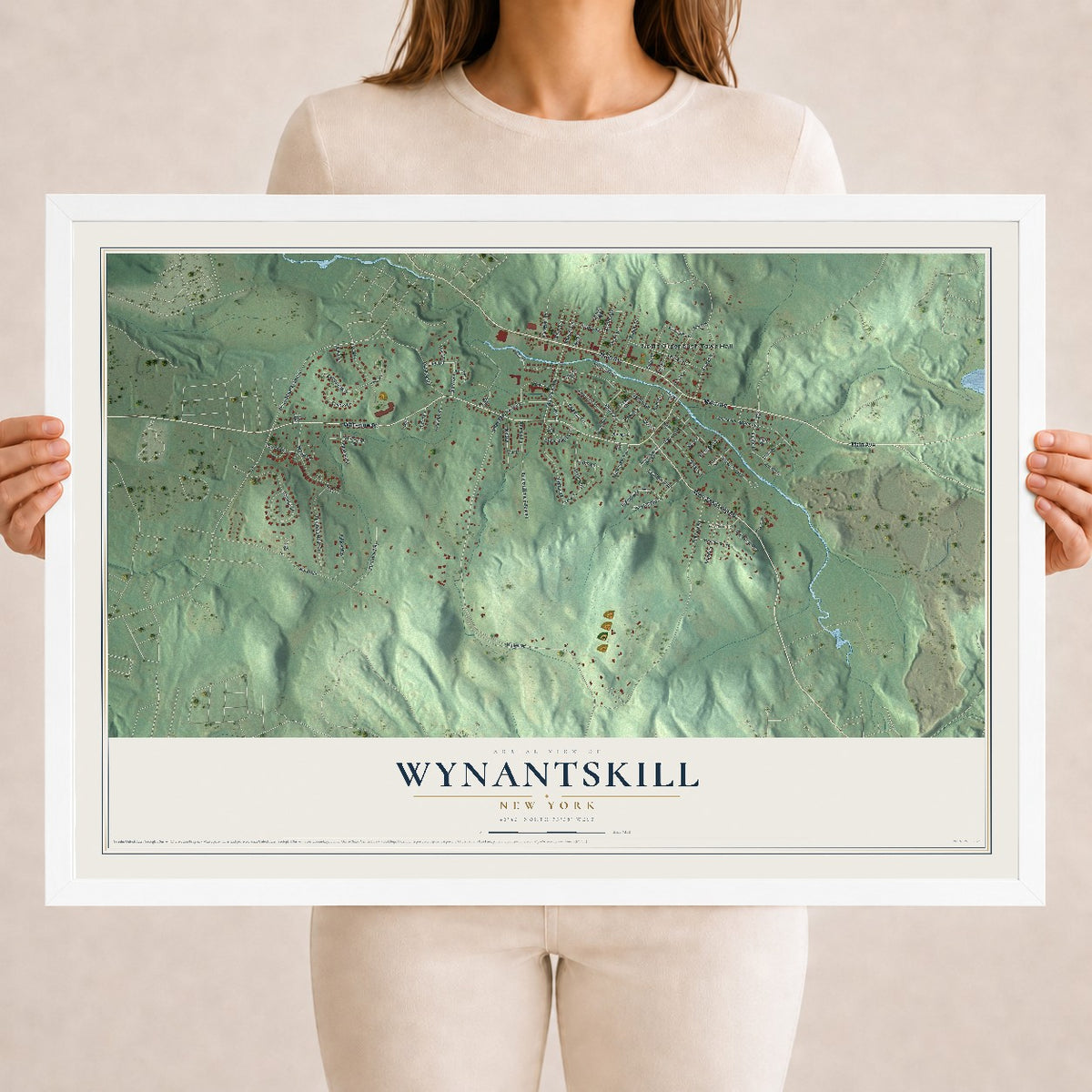 Wynantskill, New York map print, 18" x 24" W/ White Ayous Wood Frame mockup