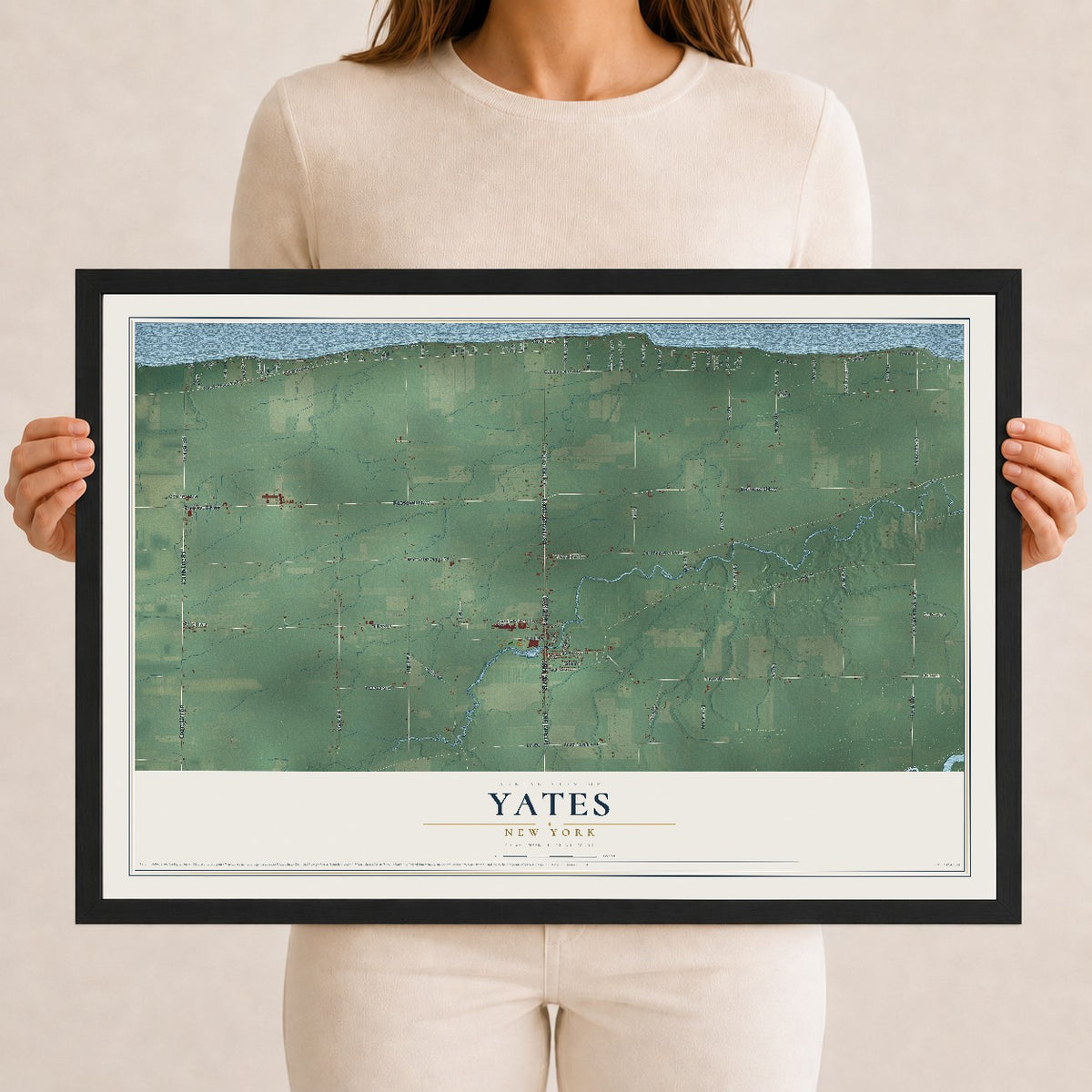 Yates, New York map print, 12" x 18" W/ Black Ayous Wood Frame mockup