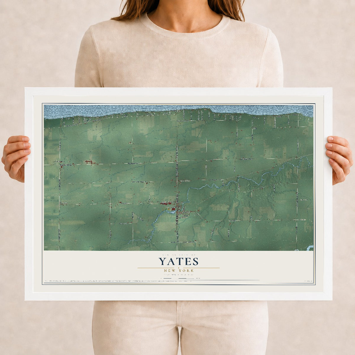 Yates, New York map print, 12" x 18" W/ White Ayous Wood Frame mockup