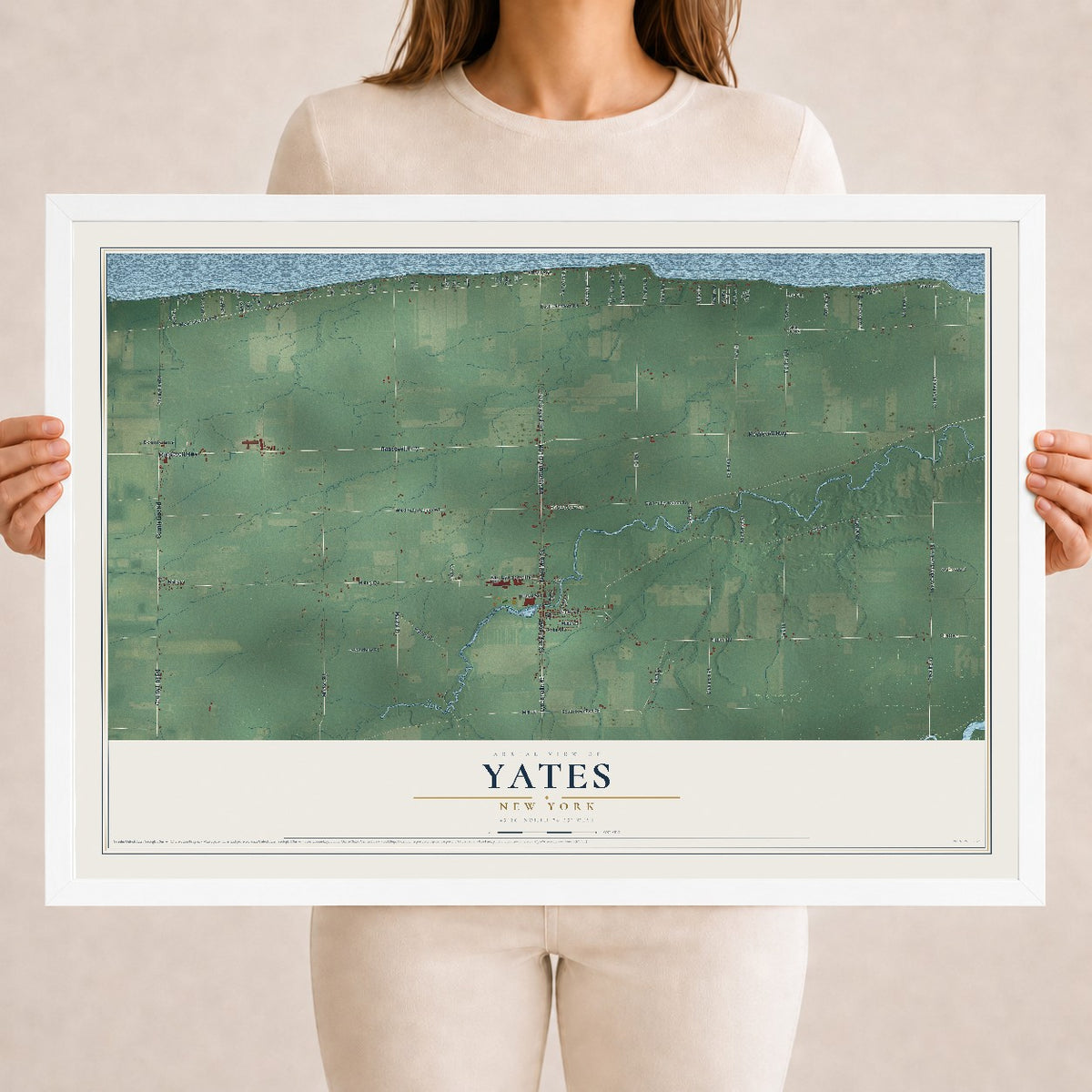 Yates, New York map print, 18" x 24" W/ White Ayous Wood Frame mockup