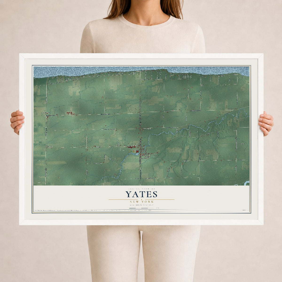 Yates, New York map print, 24" x 36" W/ White Ayous Wood Frame mockup