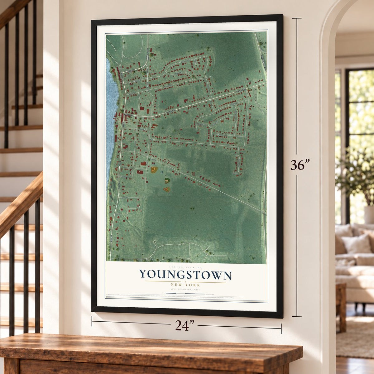 Youngstown, New York map, 24 x 36 inch print in a black frame by a staircase