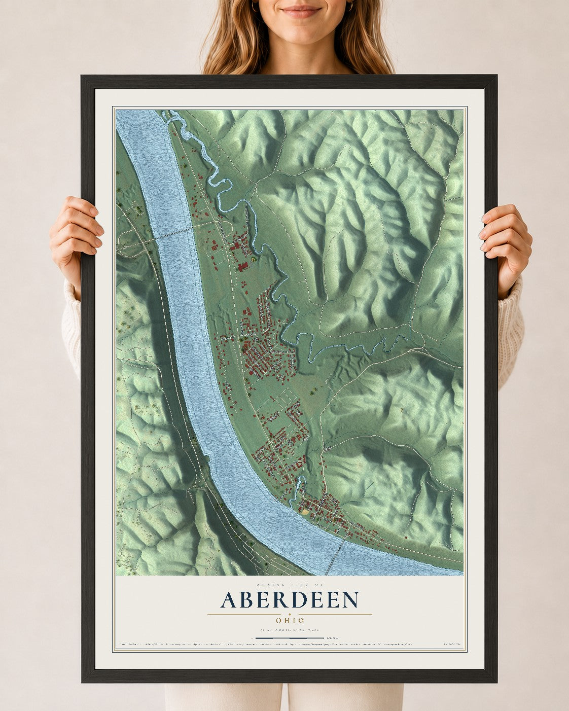 Map of Aberdeen, Ohio, 24 x 36 inch print in a black wood frame