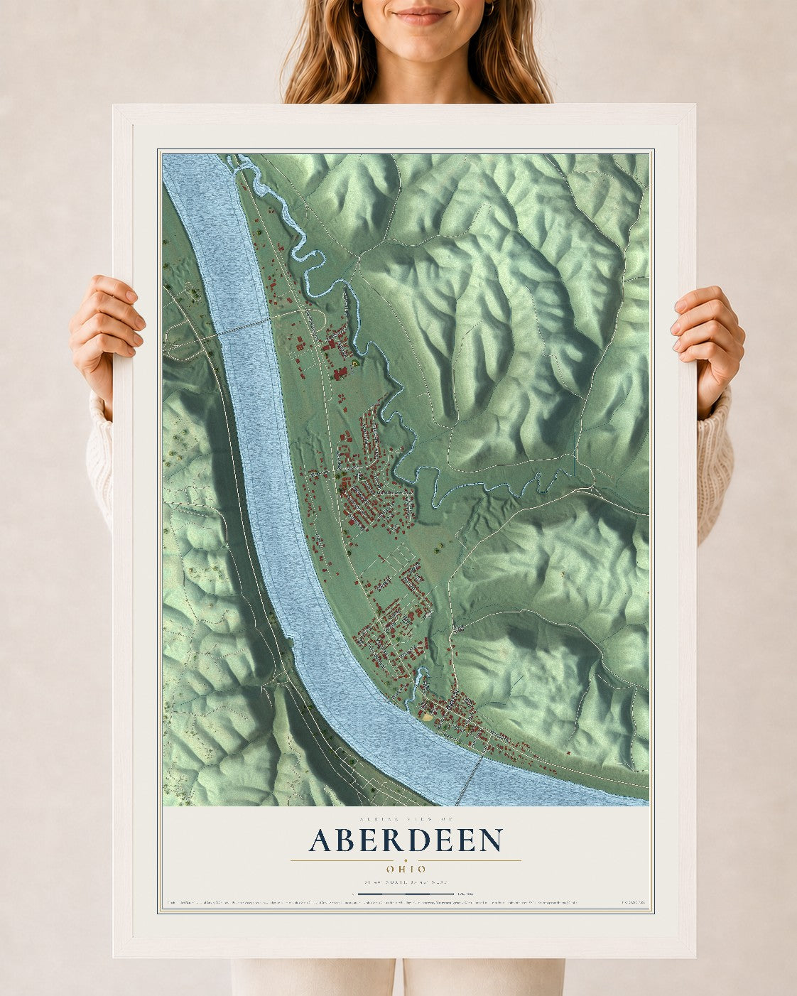 Map of Aberdeen, Ohio, 24 x 36 inch print in a white wood frame