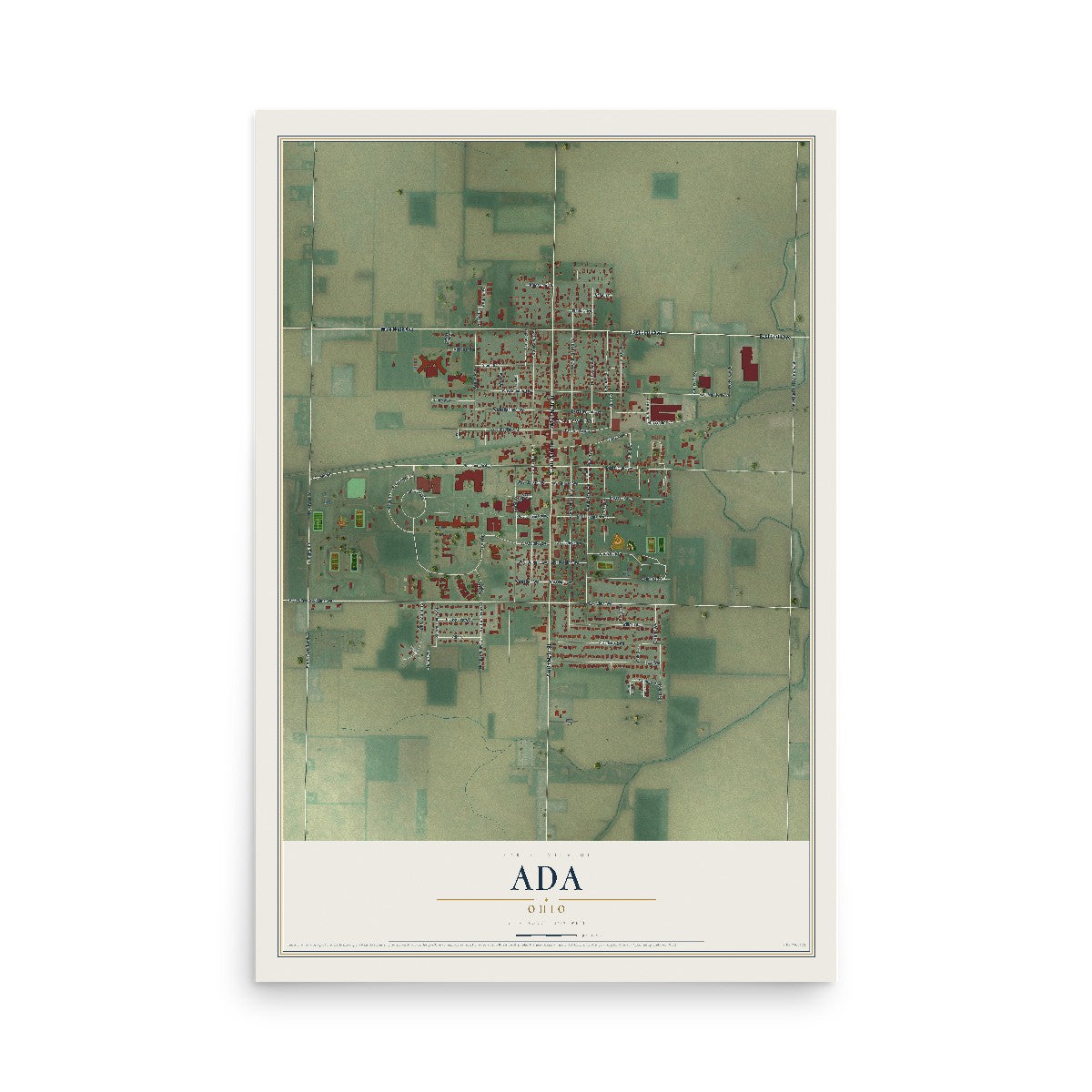 Map of Ada, Ohio, 12 x 18 inch unframed archival matte print