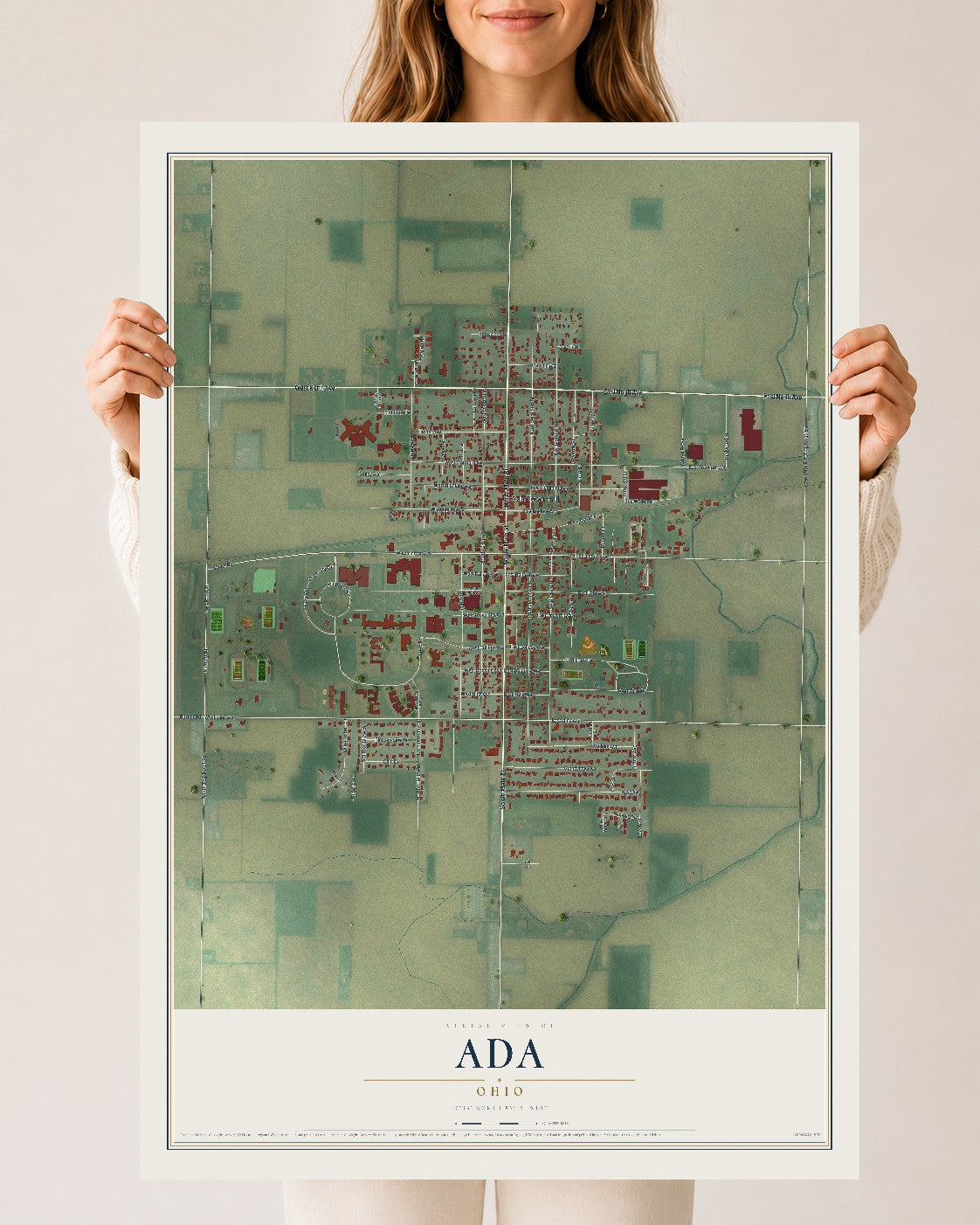 Map of Ada, Ohio, 24 x 36 inch unframed archival matte print