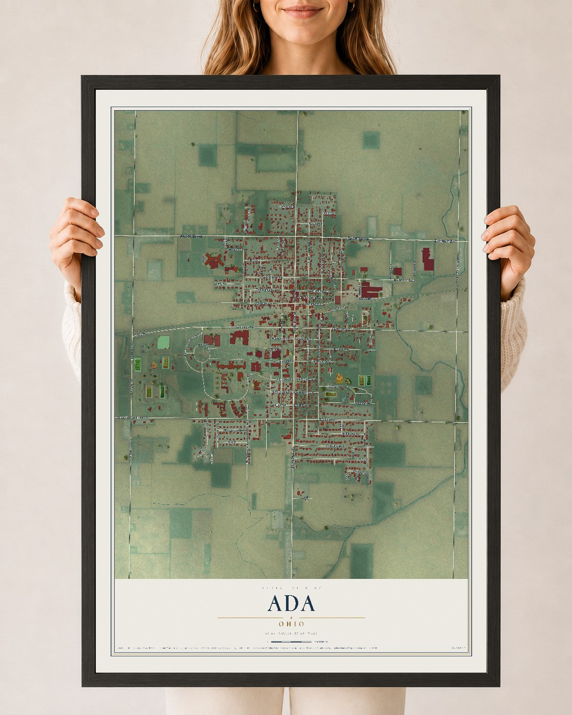 Map of Ada, Ohio, 24 x 36 inch print in a black wood frame
