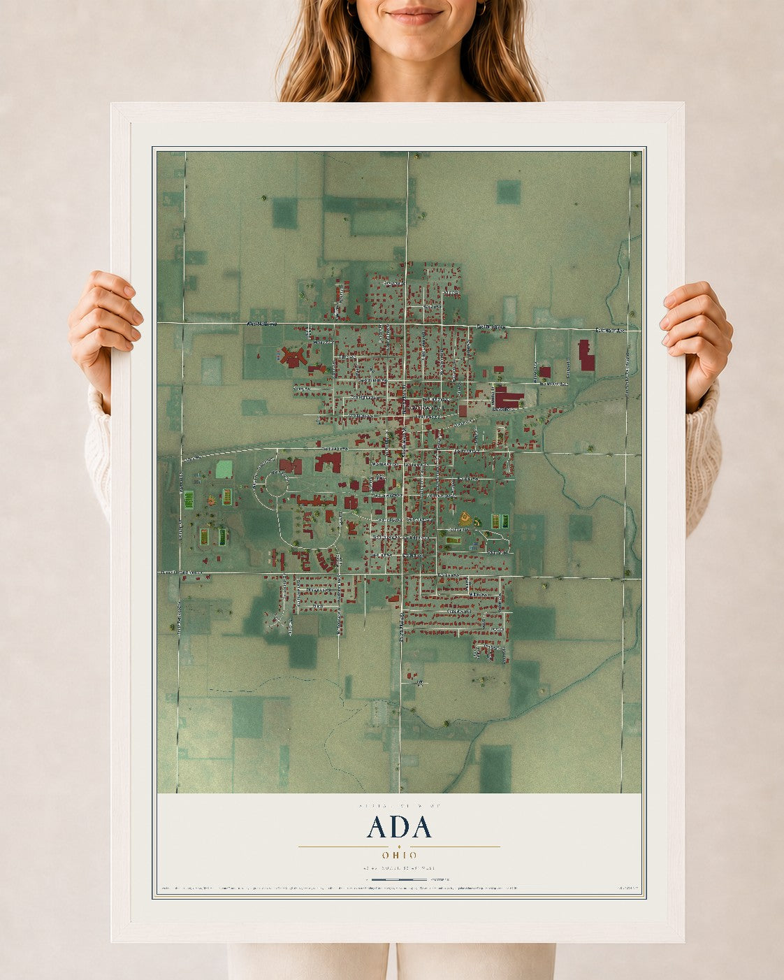 Map of Ada, Ohio, 24 x 36 inch print in a white wood frame