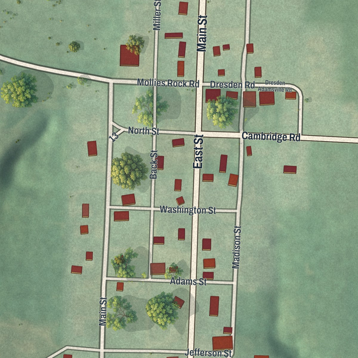 Close-up of the map of Adamsville, Ohio print showing street and building detail
