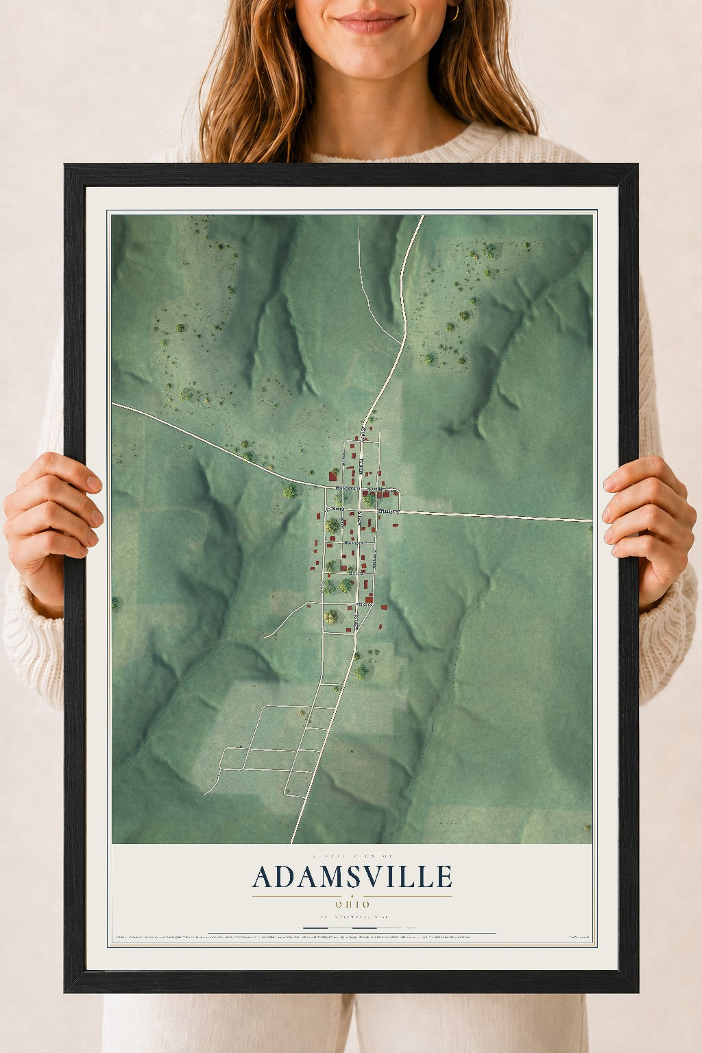 Map of Adamsville, Ohio, 18 x 24 inch print in a black wood frame