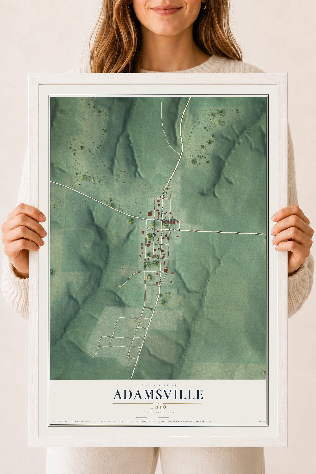 Map of Adamsville, Ohio, 18 x 24 inch print in a white wood frame