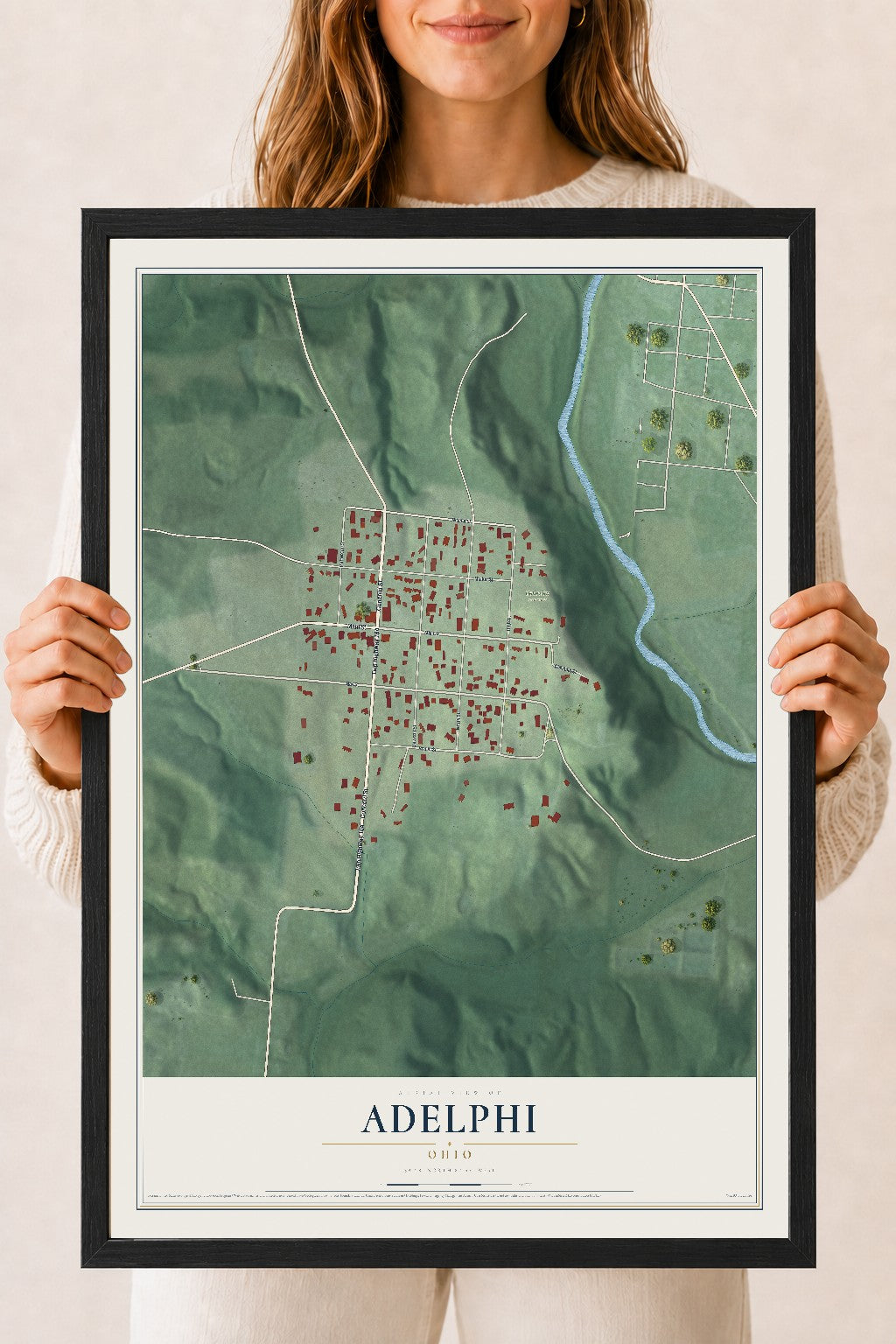 Map of Adelphi, Ohio, 18 x 24 inch print in a black wood frame