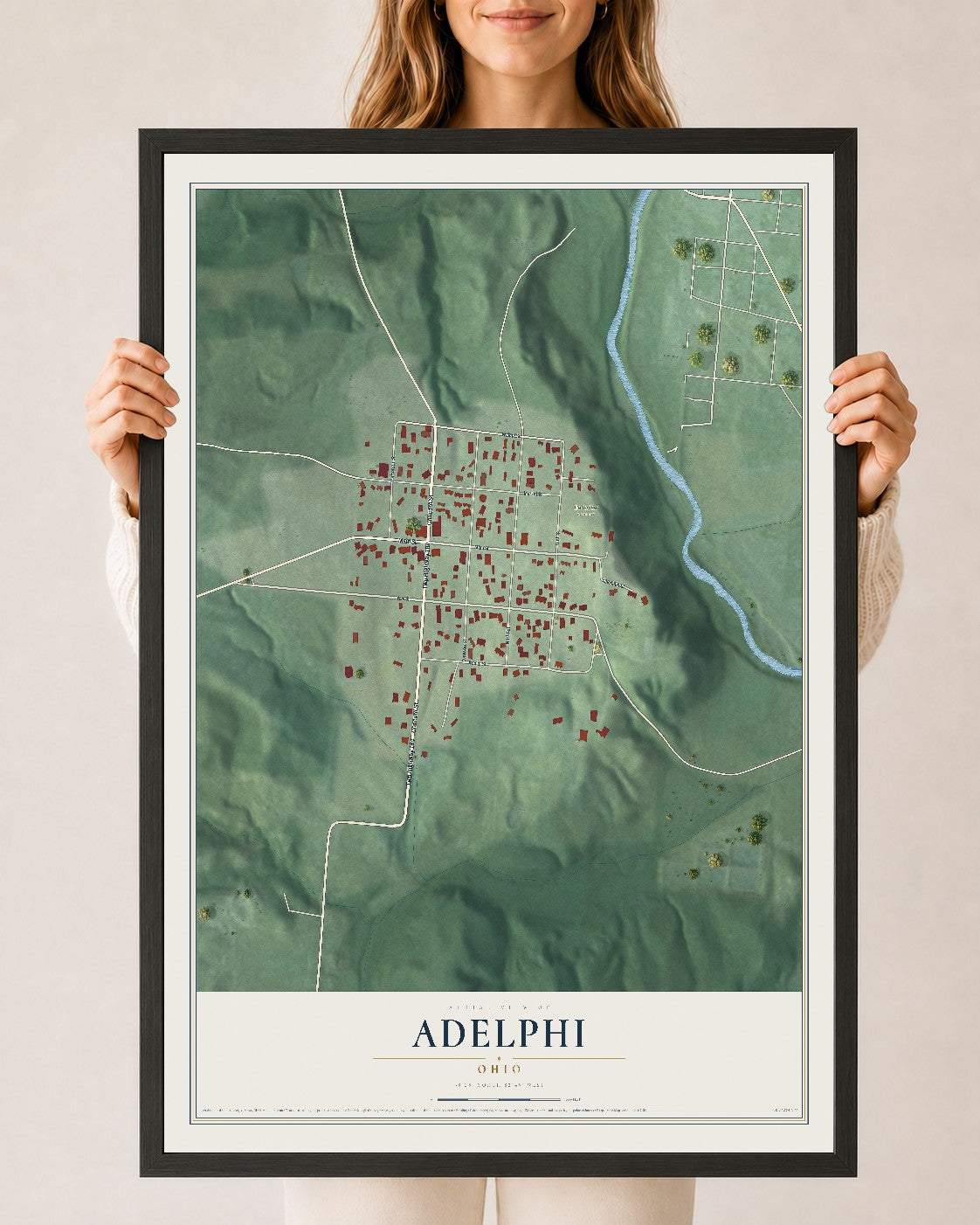 Map of Adelphi, Ohio, 24 x 36 inch print in a black wood frame