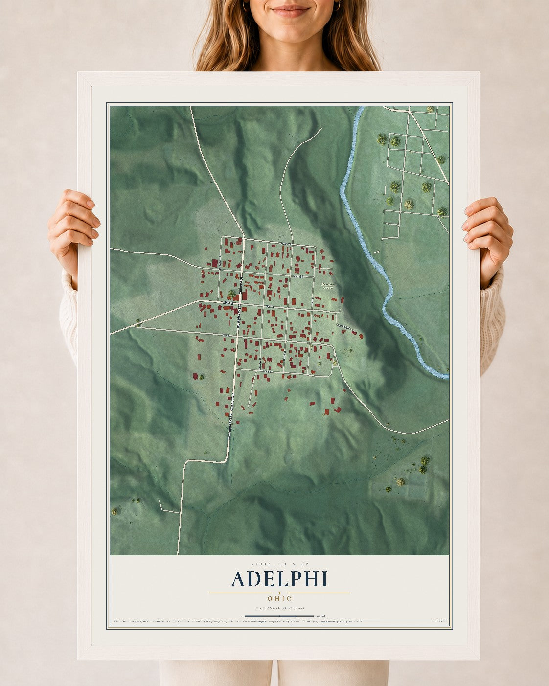Map of Adelphi, Ohio, 24 x 36 inch print in a white wood frame