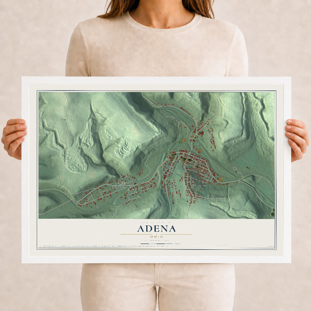 Map of Adena, Ohio, 12 x 18 inch print in a white wood frame