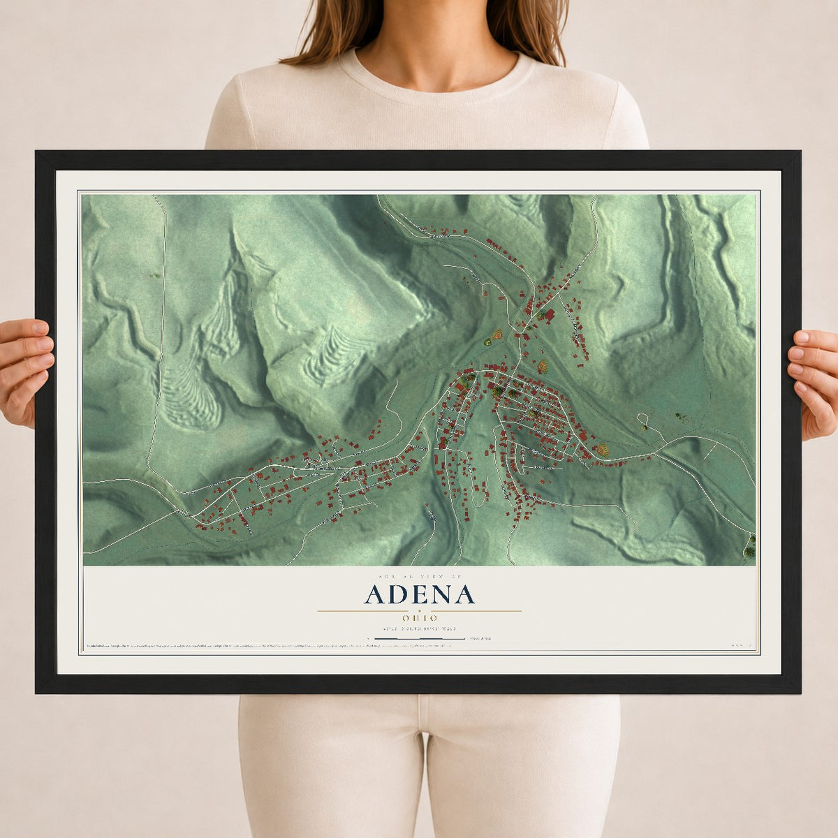 Map of Adena, Ohio, 18 x 24 inch print in a black wood frame
