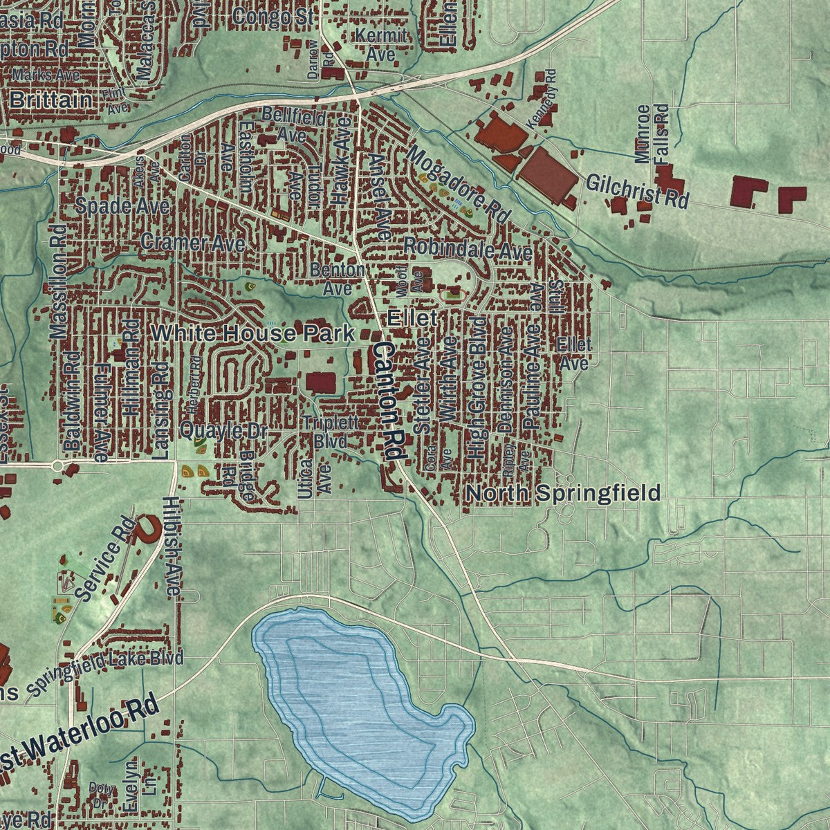 Second close-up of the map of Akron, Ohio print showing more streets and buildings