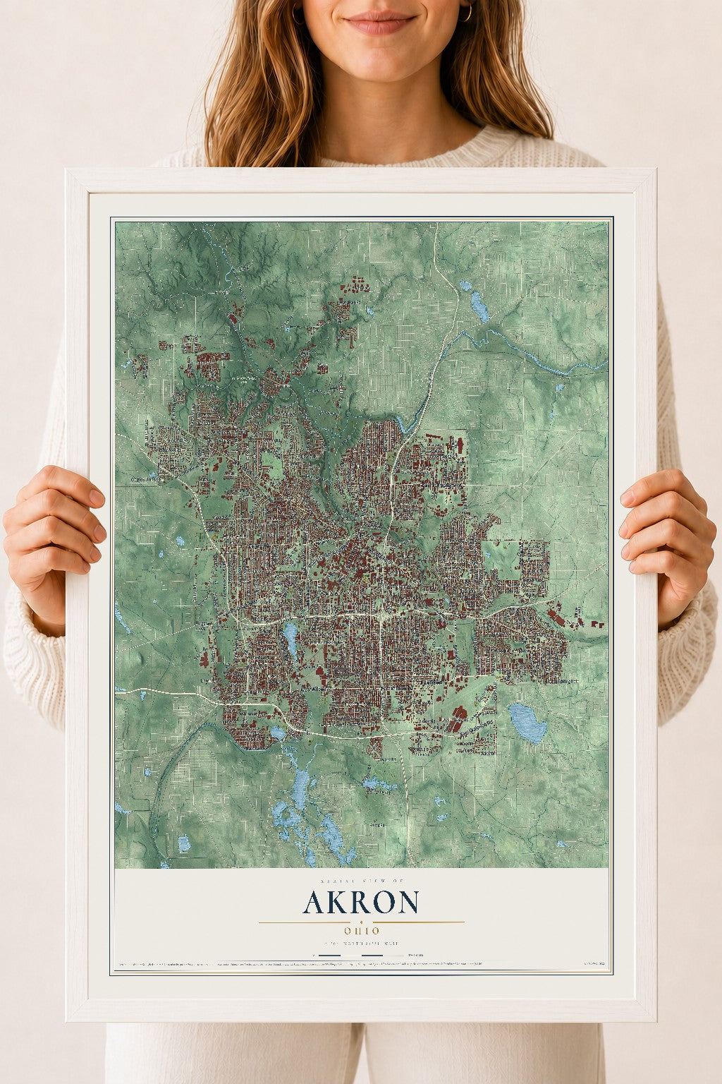 Map of Akron, Ohio, 18 x 24 inch print in a white wood frame