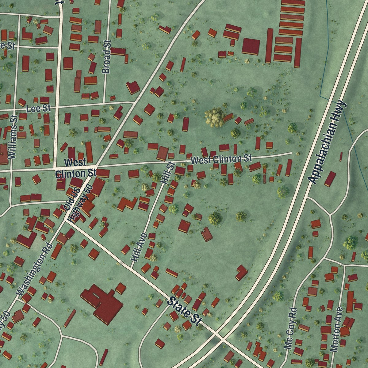 Close-up of the map of Albany, Ohio print showing street and building detail